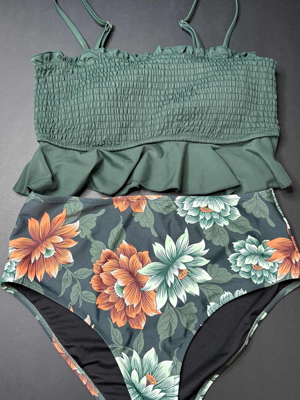 Cupshe Green smocked Ruffled Floral High-Waist Bikini Set